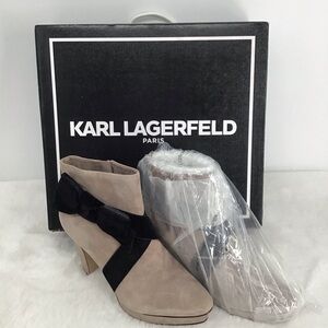 Karl Lagerfeld Paris NWT Mila KidSuede Platform Booties Taupe/Black Size 7.5